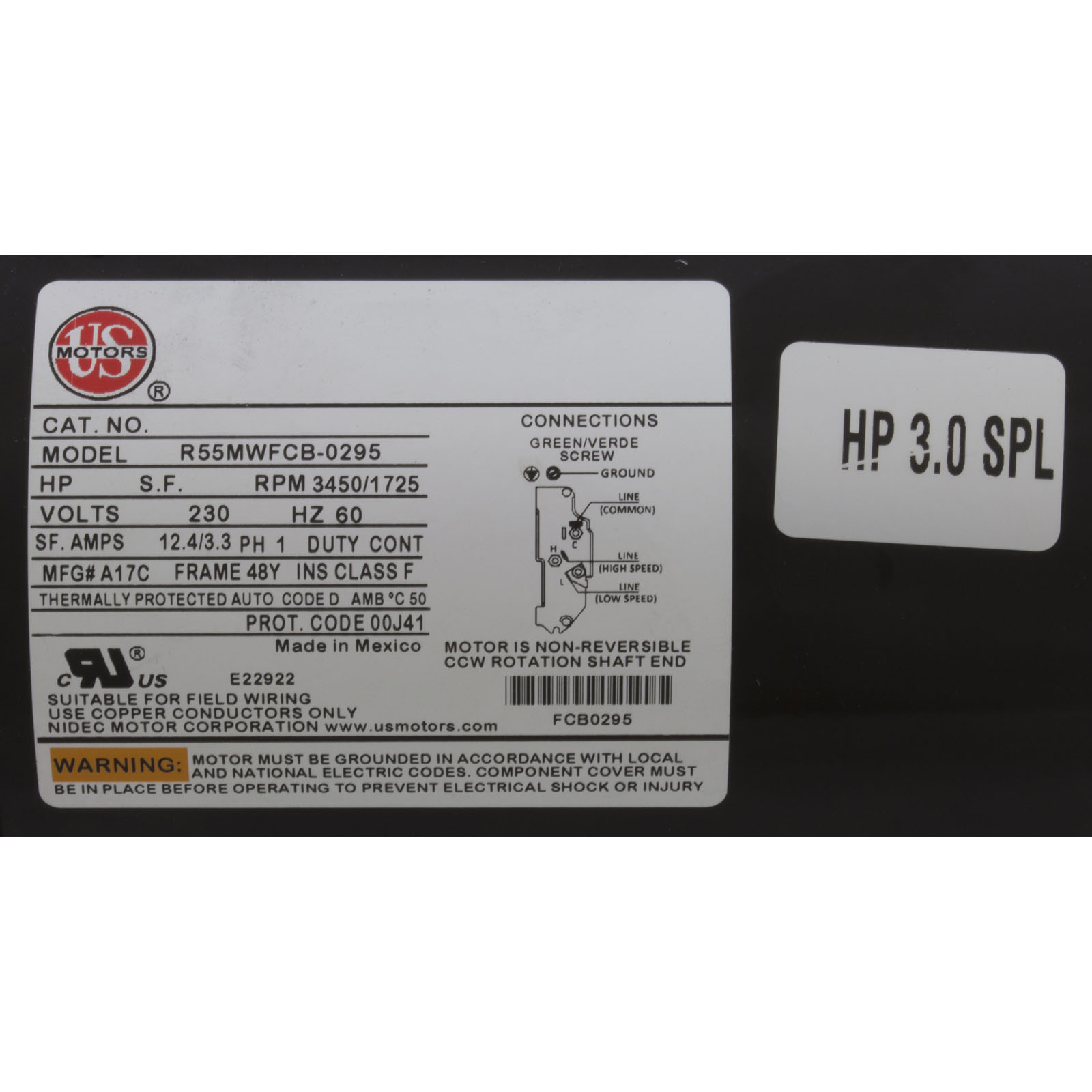 Picture of 3421221-10HZN Pump WW Hi-Flo 3.0hp US Motors 230v 2-Spd 48fr 2